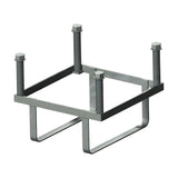 Large square foundation frame in galvanised steel with four upright threaded bolts and a rectangular base bracket, shown on a plain white background.