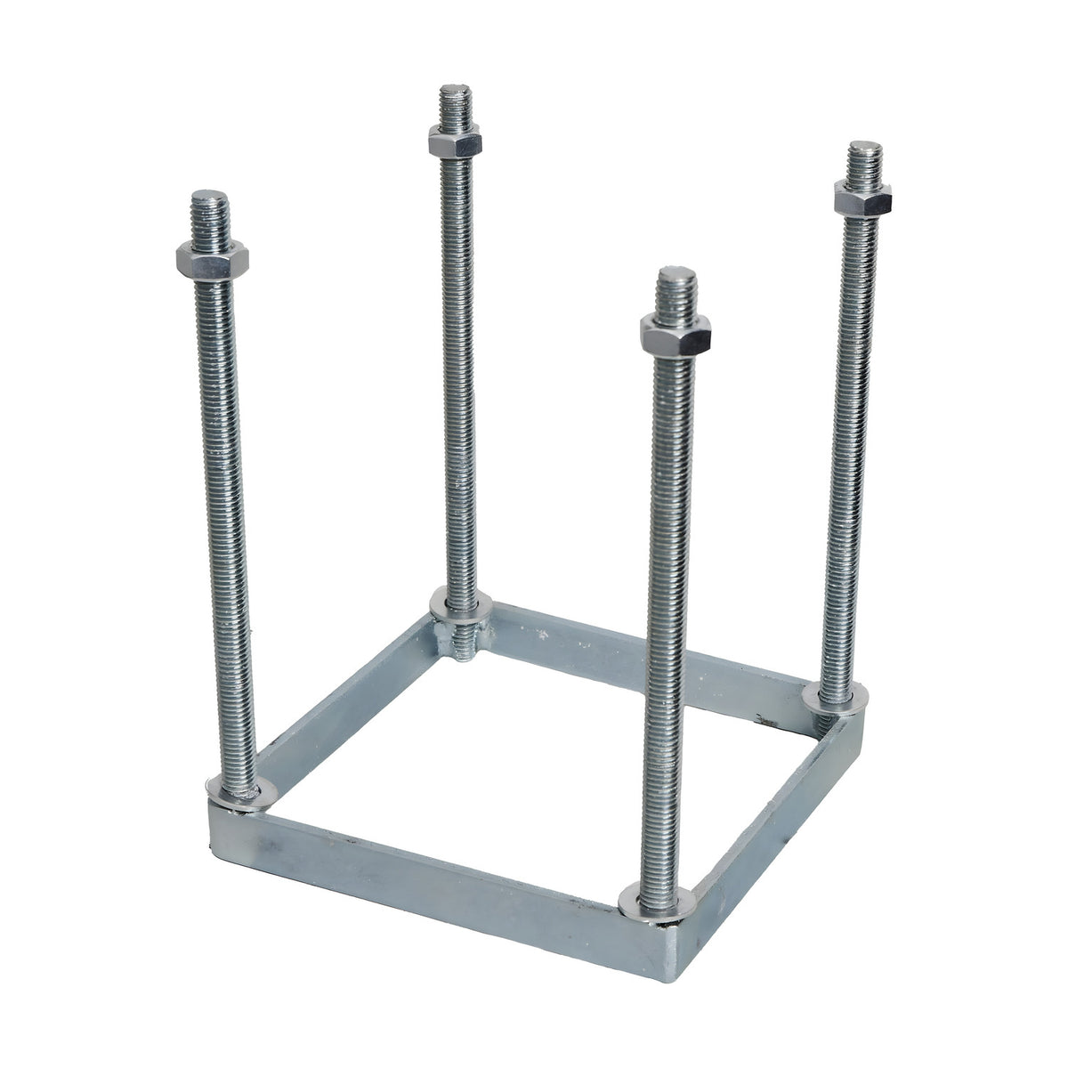 Medium Foundation Frame, a 150mm square galvanised steel base plate with four upright threaded studs and nuts, shown on a plain white background.