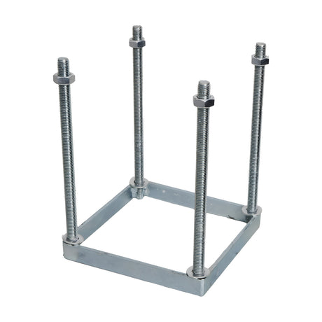 Medium Foundation Frame, a 150mm square galvanised steel base plate with four upright threaded studs and nuts, shown on a plain white background.