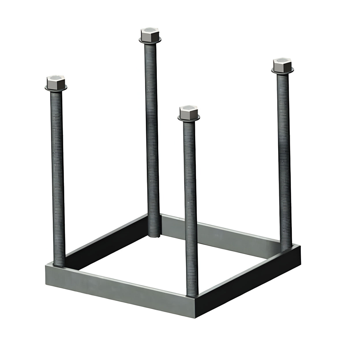Medium Foundation Frame, 150mm square galvanised steel base with four upright threaded studs and hex nuts, shown on a plain white background.