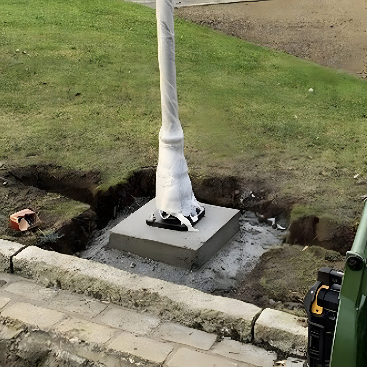 Medium Foundation Frame 150mm Square in galvanised steel, installed in a concrete base with a wrapped post above, set within an excavated garden lawn area.