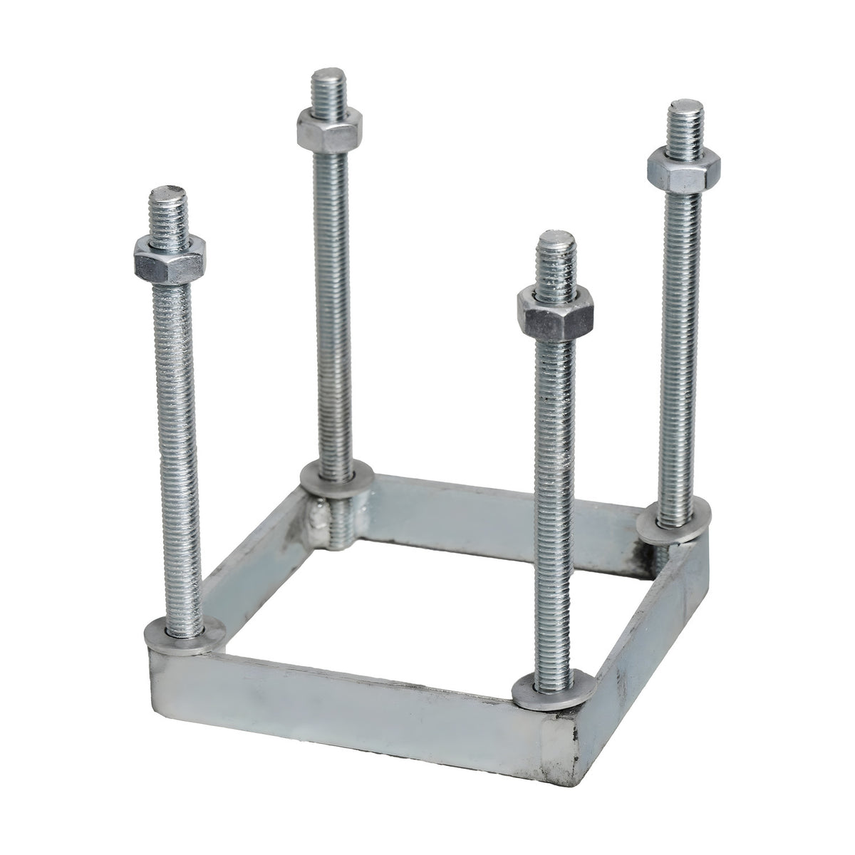 Small foundation frame in galvanised steel, a square 100mm base plate with four upright threaded studs and nuts, shown on a plain white background.