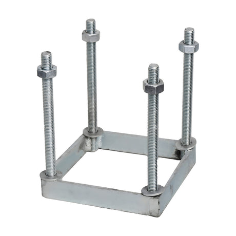 Small foundation frame in galvanised steel, a square 100mm base plate with four upright threaded studs and nuts, shown on a plain white background.