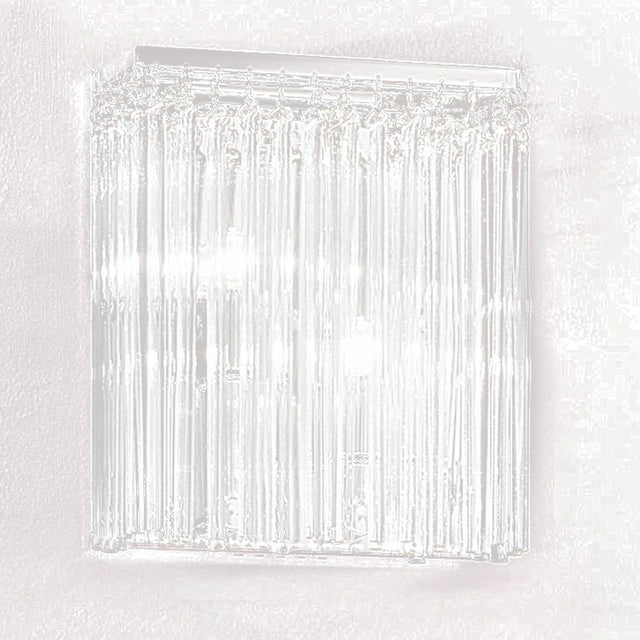 Carillon Chrome Glass Wall Light with vertical glass rods hanging from a chrome backplate, a square 2-light fixture shown on a plain white background.