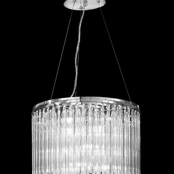 Carillon 9 light chandelier in chrome finish, shown on a dark background