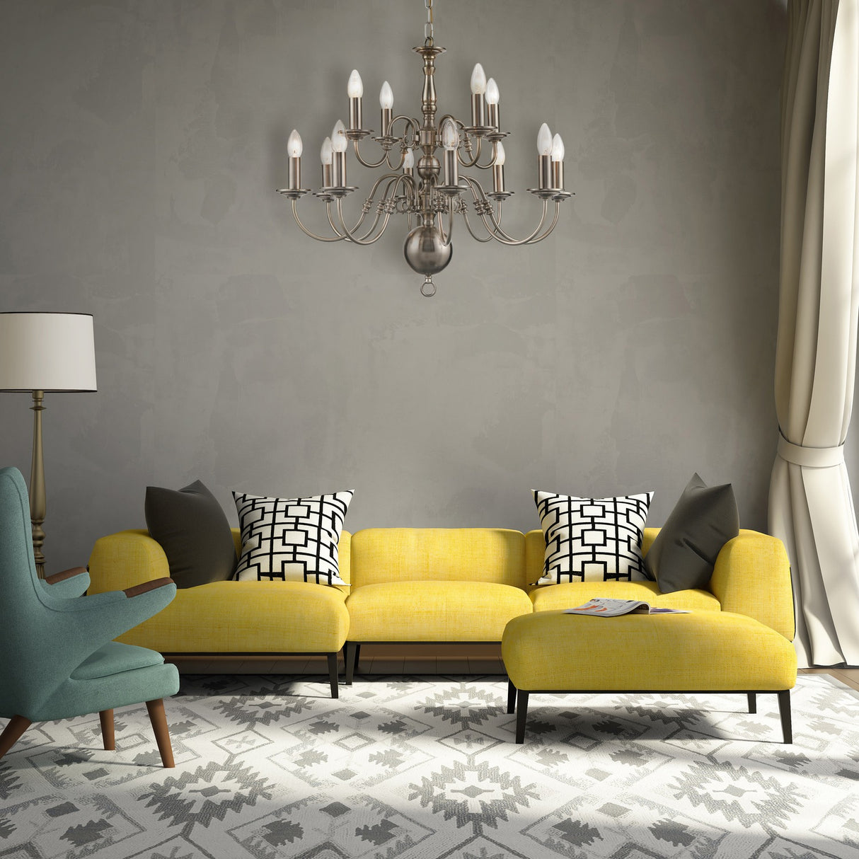 Mondrian 12 light chandelier in pewter finish, shown in a room setting