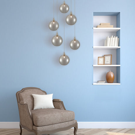 Galaxy 6 light pendant light in satin nickel finish, shown in a room setting
