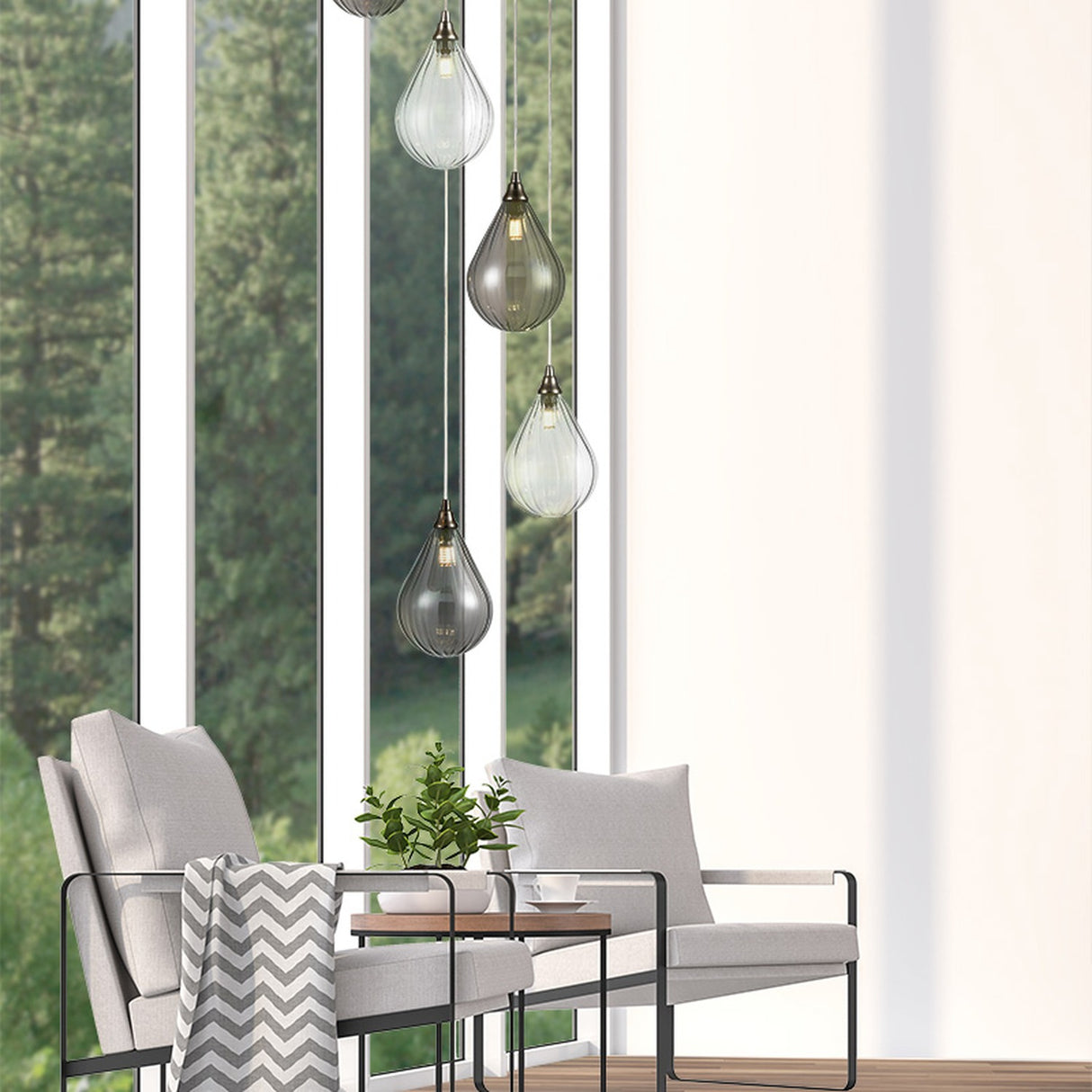 Perry 6 light ceiling light in satin nickel finish, shown in a room setting