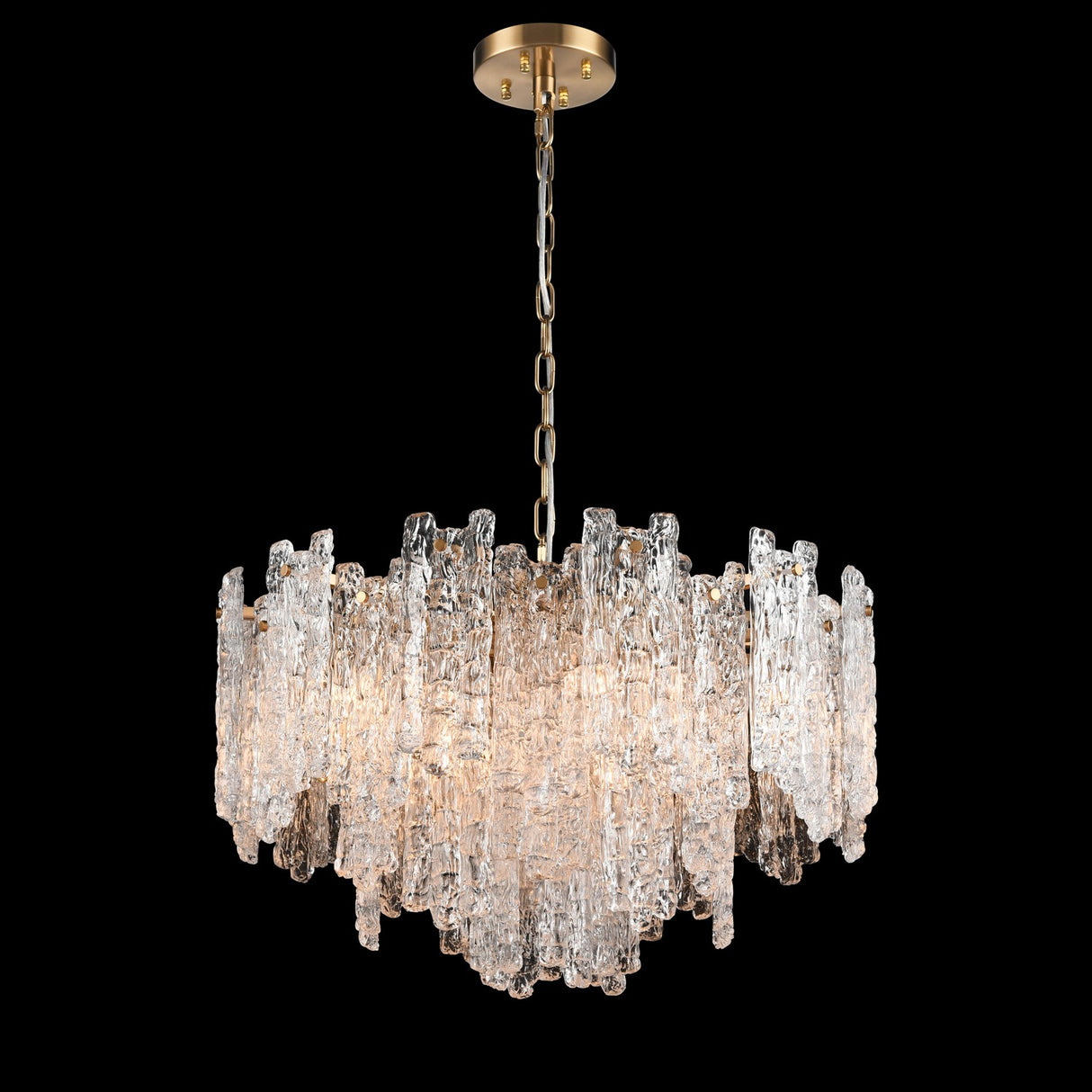 Icicle 10 light chandelier in brass finish, shown on a dark background