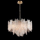 Icicle 10 light chandelier in brass finish, shown on a dark background