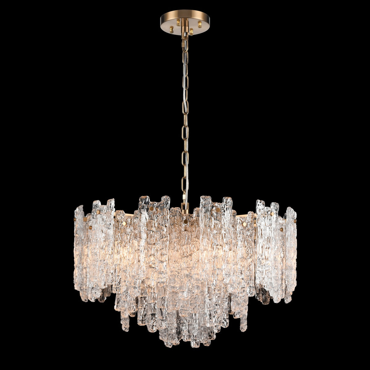 Icicle 10 light chandelier in brass finish, shown on a dark background