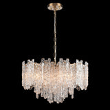Icicle 10 light chandelier in brass finish, shown on a dark background