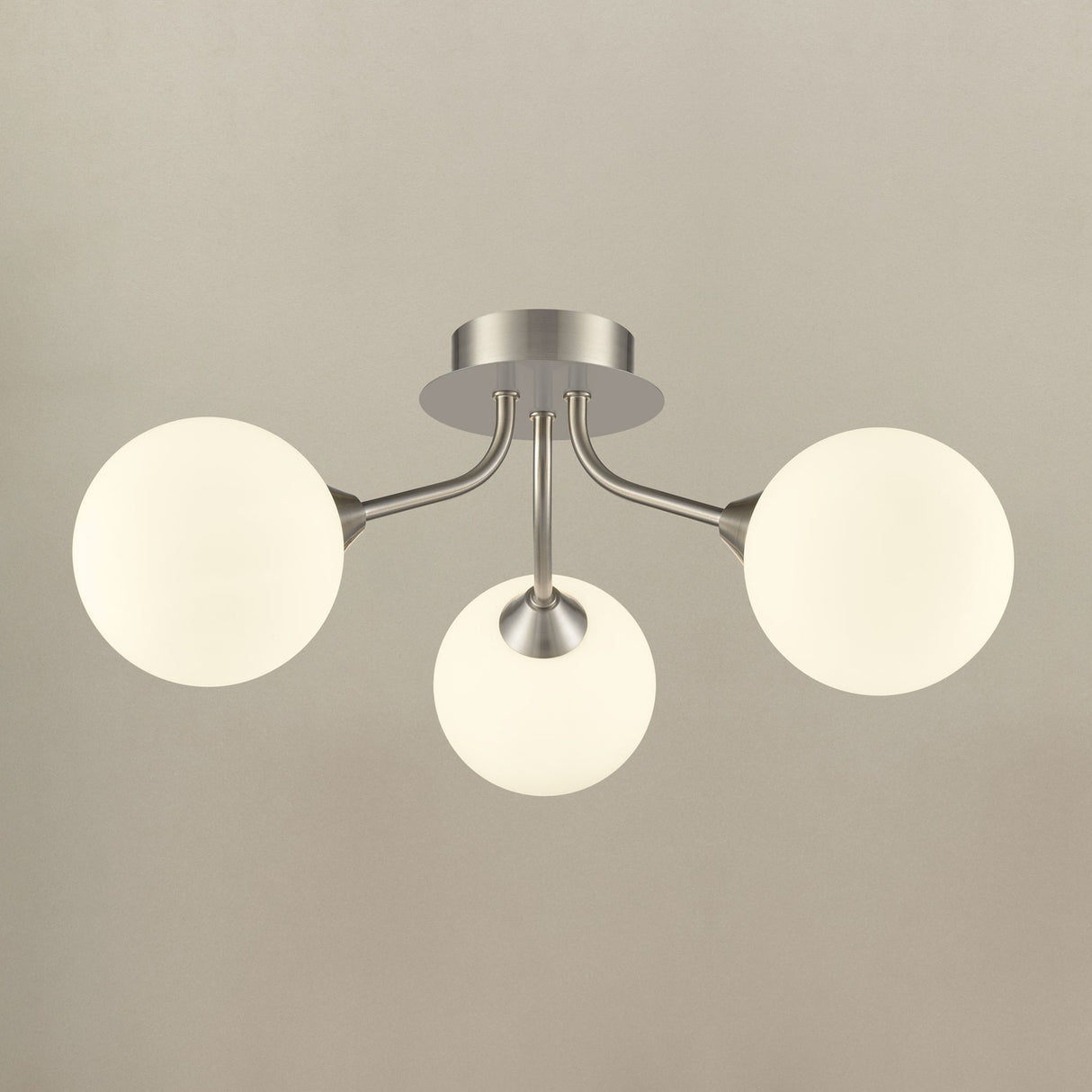 Cosmic Satin Nickel Opal Glass 3 Light Semi-Flush Ceiling Light
