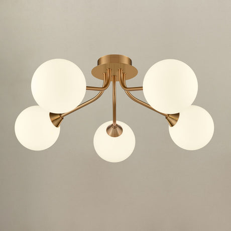 Cosmic Antique Gold Opal Glass 5 Light Semi-Flush Ceiling Light