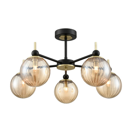 Solar 5 light ceiling light in black and brass finish