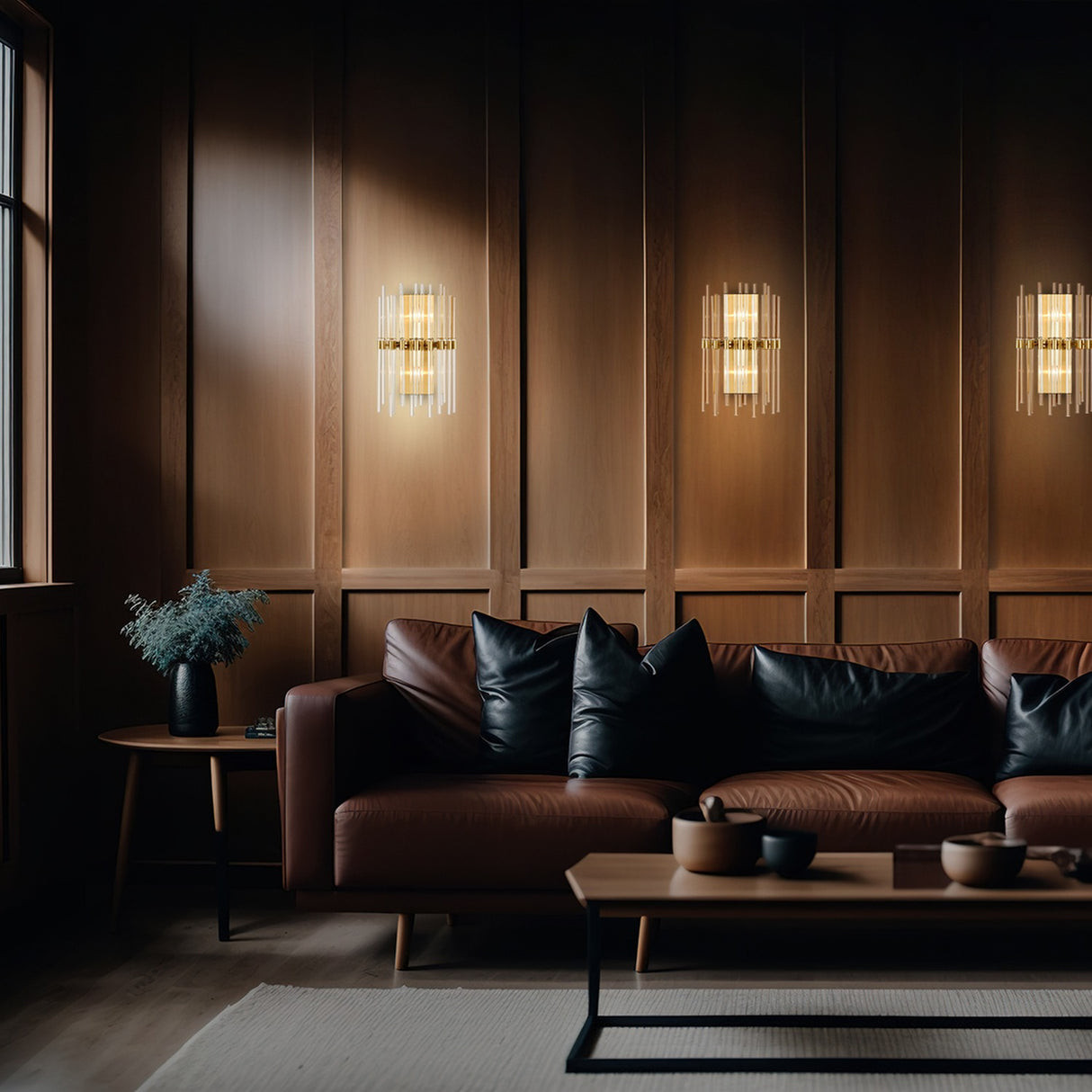 Celestial 2 light wall light in brass finish, shown in a room setting