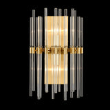 Celestial 2 light wall light in brass finish, shown on a dark background