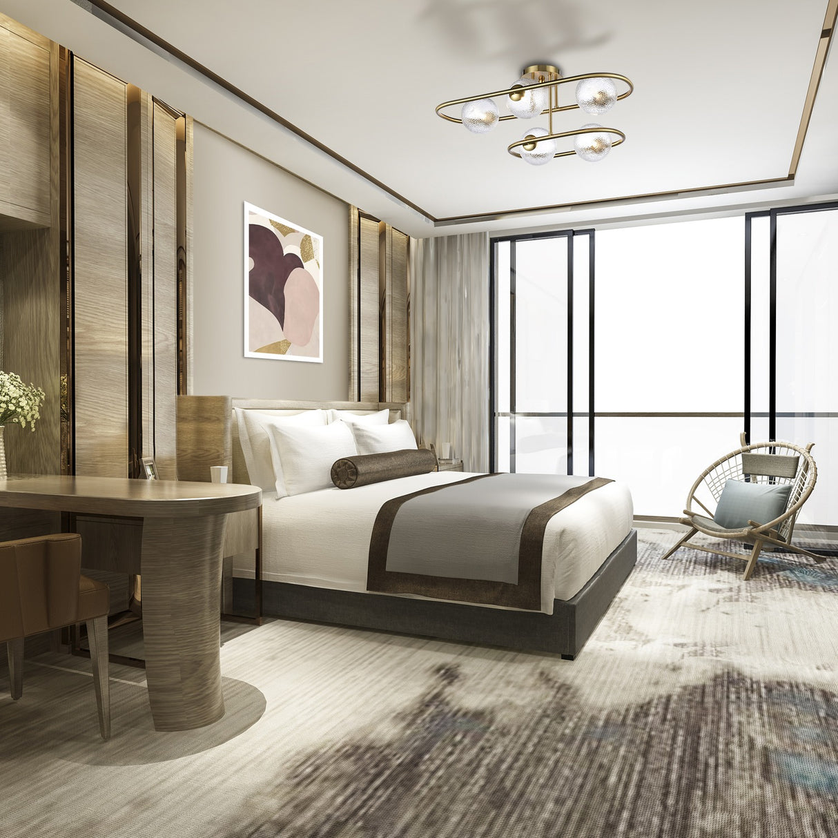 Trapeze 5 light ceiling light in brass finish, shown in a room setting