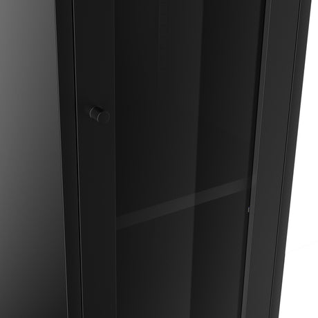 Close-up of the Frank Cabinet in black, showing a matt black steel frame, clear glass door panel, round door knob, and vertical frame detailing.