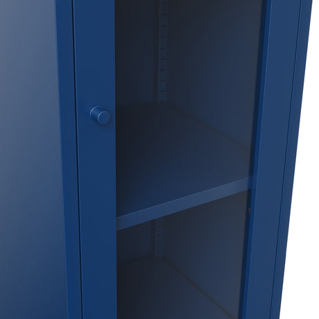 Close-up of the Frank Cabinet in Classic Blue, showing a steel frame with clear glass door, round knob handle and adjustable interior shelves.