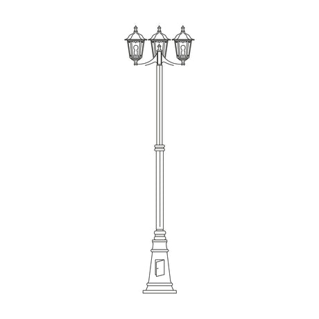 Gable cast aluminium outdoor lamp post, 249cm tall with 3 lantern heads, glass panes, pagoda roofs and cast plinth base, shown in black against a plain white background.