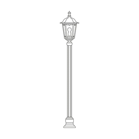 Gable Copper Top Outdoor Adjustable Lamp Post, a 135cm cast aluminium column with a six-panel pagoda-roof lantern in a traditional style, shown line-drawn on a white background.