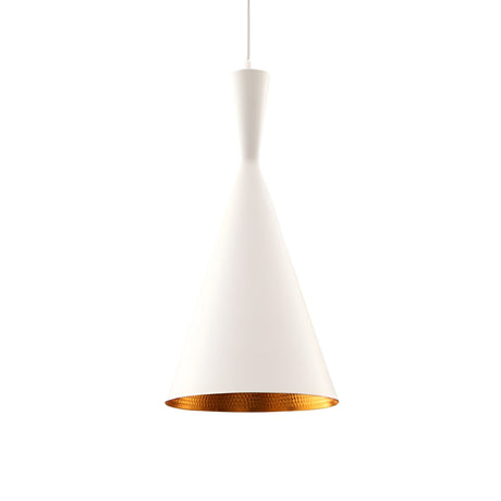 The Funk Tall Pendant Light - White features a cone-shaped design with a metallic gold interior and hangs from a white cord—ideal for adding minimalist style to Scandinavian-inspired spaces with a clean, white backdrop.
