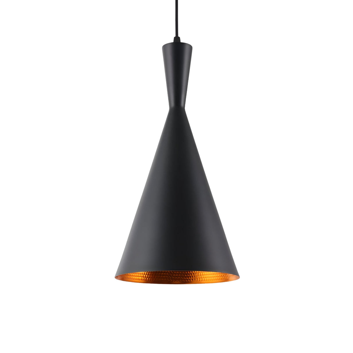 The Funk Tall Pendant Light – Black features a modern matte black metal cone-shaped shade with a warm amber interior, suspended by a black cord against a white background.