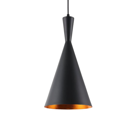 The Funk Tall Pendant Light – Black features a modern matte black metal cone-shaped shade with a warm amber interior, suspended by a black cord against a white background.