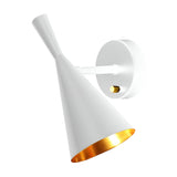 The Funk Wall Light - White features a modern matte white metal conical shade, a beaten gold finish interior, and a round white backplate with a small gold switch.