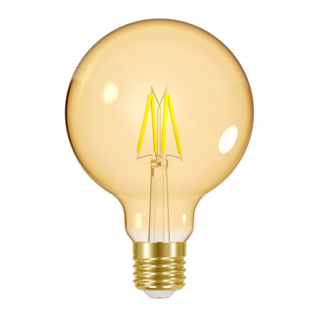 A vintage-style Energizer 5W G95 dimmable LED globe with a golden filament offers warm white light at 2200K. This bulb features a visible filament and a standard E27 screw base, and its reflective surface creates small highlights that enhance its vintage aesthetic.