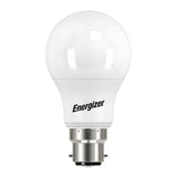 The Energizer 4.2W Non-Dimmable LED GLS Bulb - Warm White, B22, 2700K, featuring a metallic base and sleek design, provides energy-efficient lighting with a warm white glow. The brand name is elegantly displayed in black text on the smooth, rounded surface of this efficient light source.