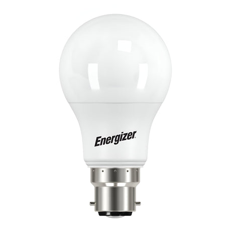 A warm white LED light bulb with a B22 bayonet cap and robust metal base is showcased against a simple background. The name "Energizer" is prominently printed in bold black letters, emphasizing its well-known energy-efficient lighting reputation.