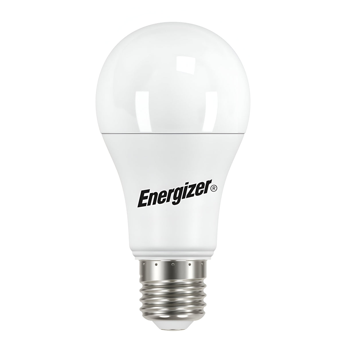 An Energizer 13.5W Non-Dimmable LED GLS Bulb in warm white, featuring an E27 standard screw base and Energizer branding on the side, showcases a smooth, rounded design typical of light bulbs. It emits a warm white glow with energy efficiency.