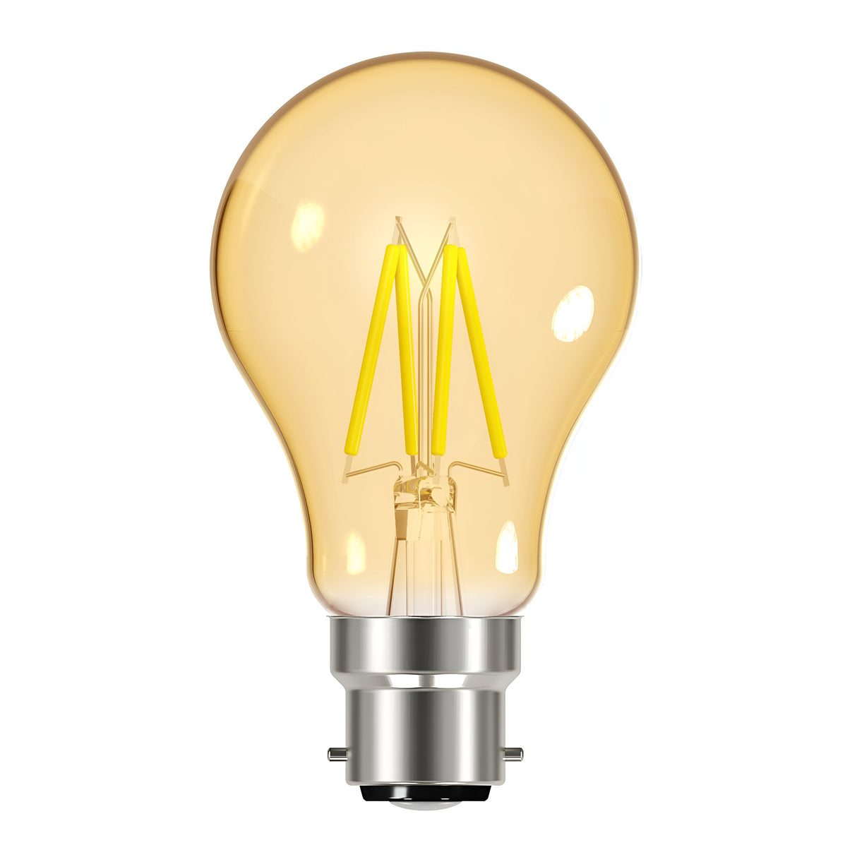 The Energizer 4W Non-Dimmable LED GLS Gold Filament Bulb features a vintage-style design with a silver base and transparent glass that casts a warm white glow at 2700K, creating a golden light effect. The gold-tinted glass enhances its warm amber hue, all against an isolated white background.