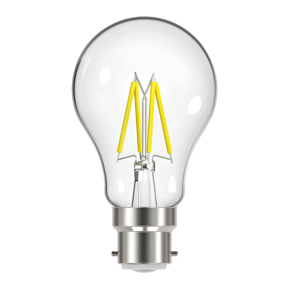 The Energizer 8W Non-Dimmable LED GLS Filament Bulb in Warm White, featuring a classic shape with visible yellow filaments and a metallic base, seamlessly combines the appeal of vintage lighting with modern LED technology. The bulb is set against a plain white background.