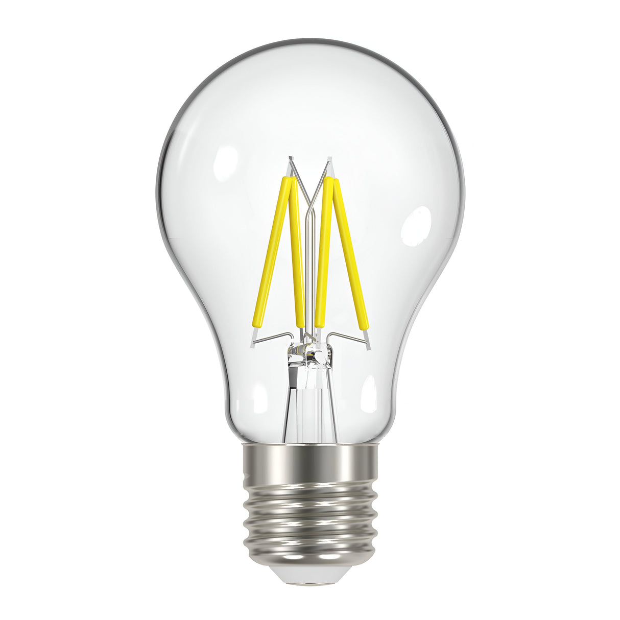 The Energizer 4W Non-Dimmable LED GLS Filament Bulb - Warm White, E27, 2700K features vintage-inspired visible yellow filaments and a silver screw base, providing energy-efficient lighting against a white background.