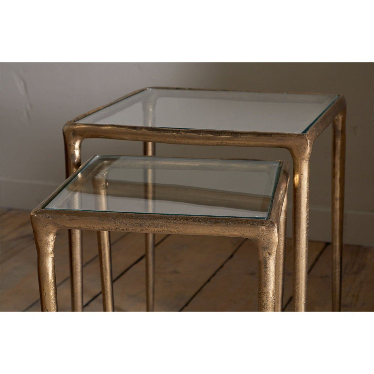 Gilasi Glass Top Nest of 2 Side Tables - Antique Brass
