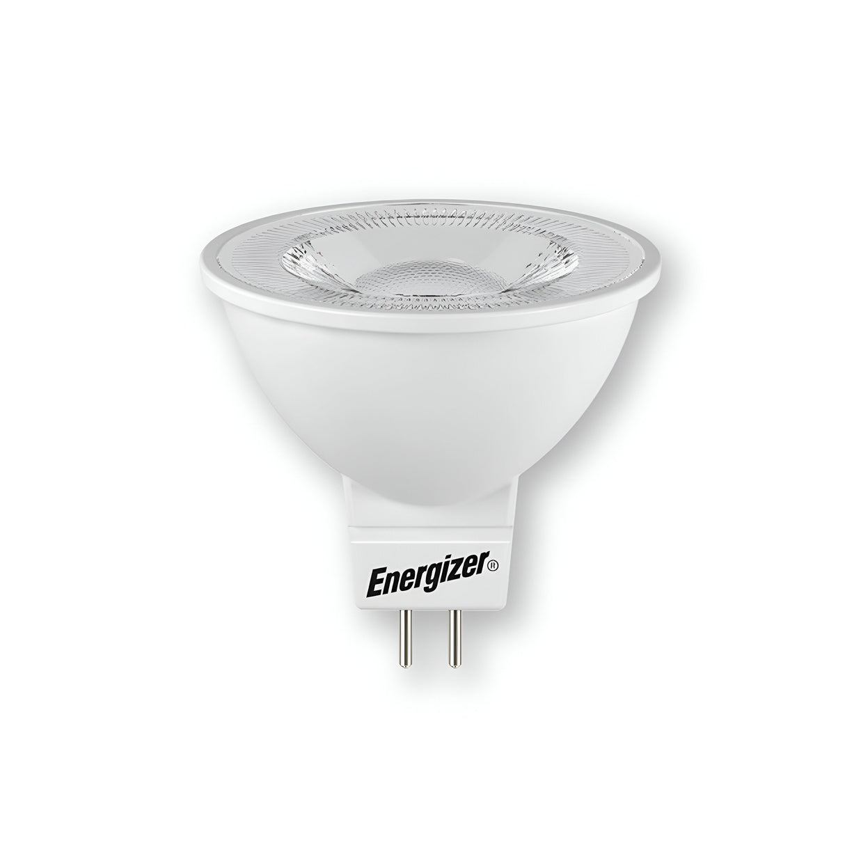 Image of a white Energizer 3.4W Non-Dimmable MR16 LED Bulb with a GU10 base. The bulb features a clear lens and silver reflector, ideal for spot or accent lighting. This energy-saving option provides cool white lighting at 4000K and prominently displays the brand name on the base.