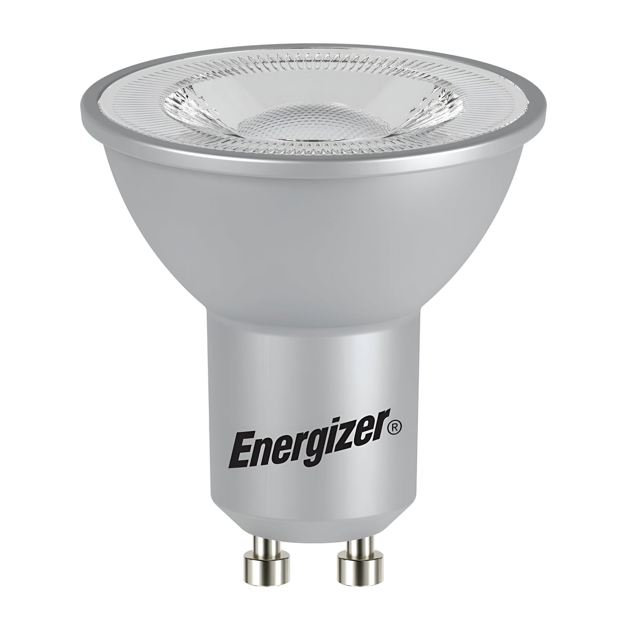 The Energizer 3.4W GU10 Non-Dimmable LED Bulb in warm white (3000K) features a silver finish with a reflective interior surface for enhanced illumination and energy efficiency.