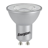 The Energizer 3.4W GU10 Non-Dimmable LED Bulb in warm white (3000K) features a silver finish with a reflective interior surface for enhanced illumination and energy efficiency.