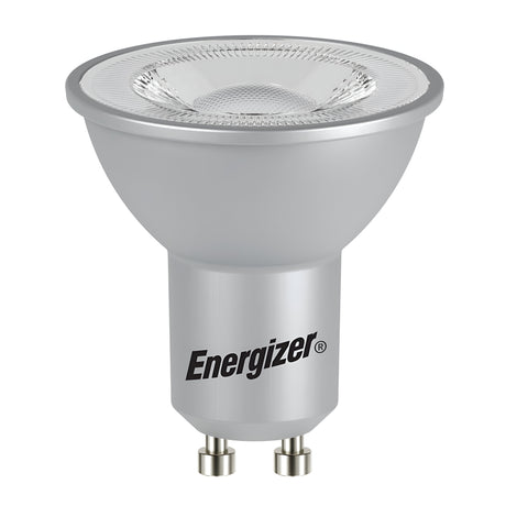 The Energizer 3.4W GU10 Non-Dimmable LED Bulb in warm white (3000K) features a silver finish with a reflective interior surface for enhanced illumination and energy efficiency.