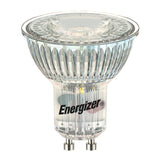 The Energizer 4.7W GU10 non-dimmable LED bulb, with a clear glass design, prominently displays the Energizer brand on its base. Featuring cool white illumination at 4000K and a GU10 fitting, it includes a reflective interior to enhance energy efficiency.