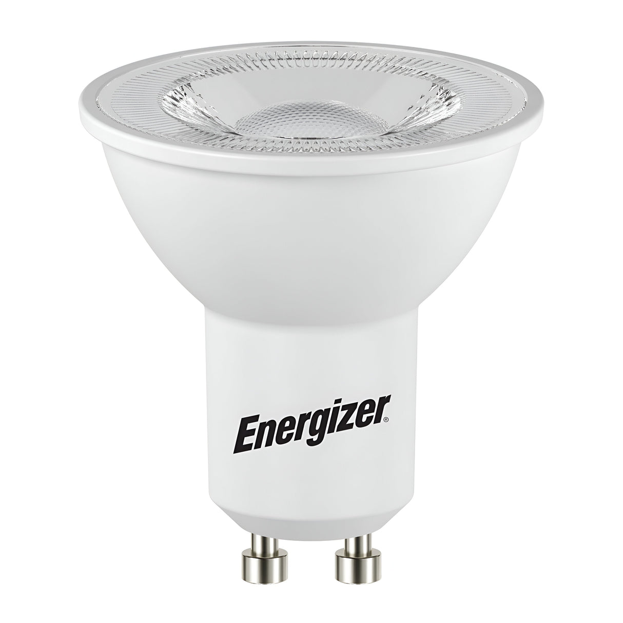 Close-up of a white Energizer 4.9W GU10 Non-Dimmable LED bulb designed to emit daylight at 6500K. The bulb includes a frosted glass cover with a silver reflector and prominently displays the Energizer logo, emphasizing its energy efficiency.
