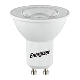The Energizer 4.6W GU10 Dimmable LED Bulb in warm white, 3000K (2 Pack) is an energy-efficient lighting solution featuring a GU10 base. Each bulb is designed with a reflective interior surface and includes two metallic pins for connection, with the Energizer brand name prominently displayed.