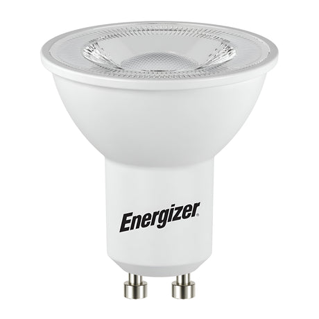 The Energizer 4.6W GU10 Dimmable LED Bulb in warm white, 3000K (2 Pack) is an energy-efficient lighting solution featuring a GU10 base. Each bulb is designed with a reflective interior surface and includes two metallic pins for connection, with the Energizer brand name prominently displayed.