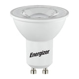 The Energizer 4.8W GU10 Non-Dimmable LED Bulb - Cool White, 4000K, is a white LED bulb featuring the Energizer logo on its side and offers energy-efficient lighting with focused light distribution thanks to its reflective surface.