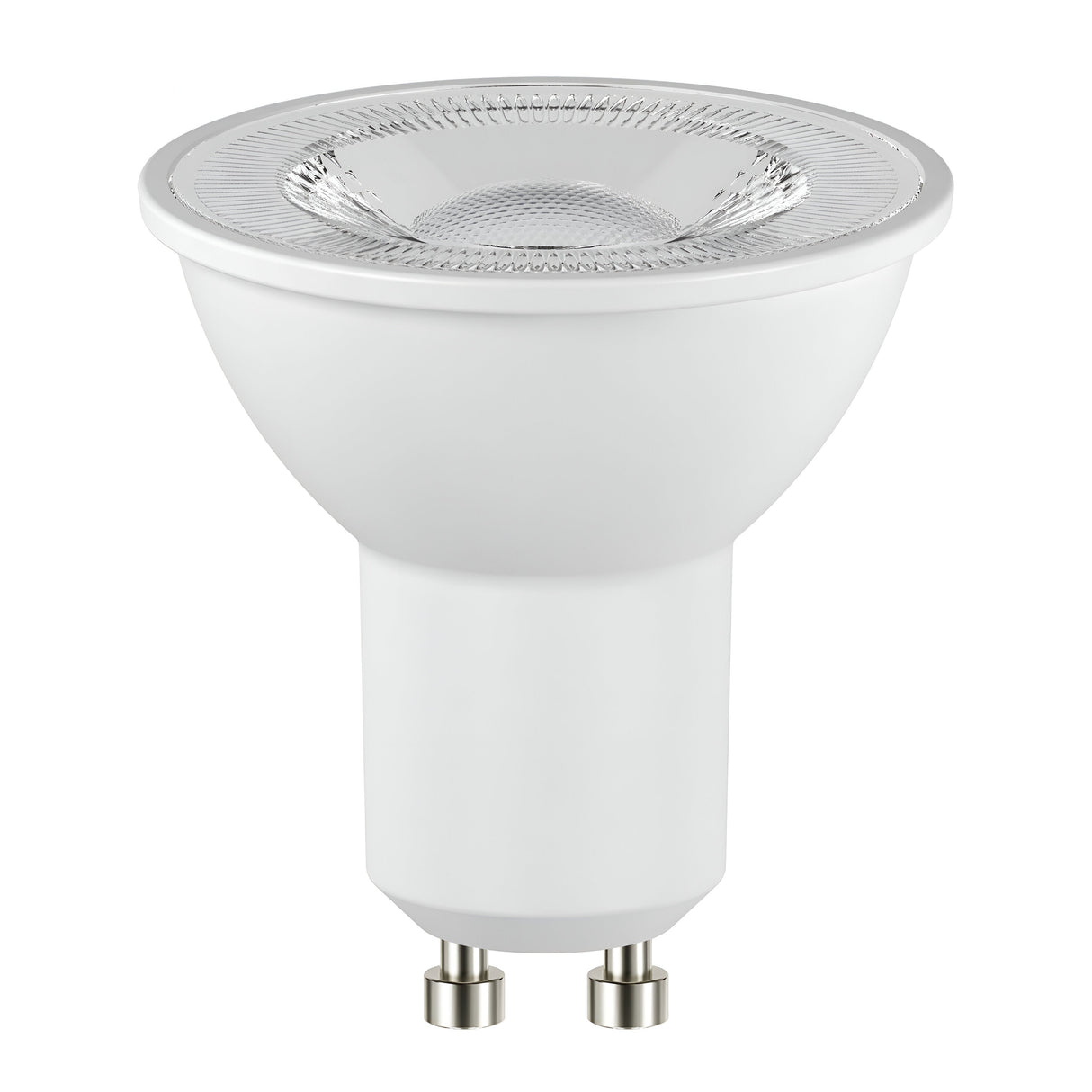 A LumiLife 5.7W GU10 Dimmable LED Bulb in Cool White, 4000K, with a clear, textured lens designed for energy-efficient lighting. This cylindrical bulb has a wide top and narrow bottom, providing versatile and precise illumination for any space.