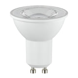 A LumiLife 5.7W GU10 Dimmable LED Bulb in Cool White, 4000K, with a clear, textured lens designed for energy-efficient lighting. This cylindrical bulb has a wide top and narrow bottom, providing versatile and precise illumination for any space.