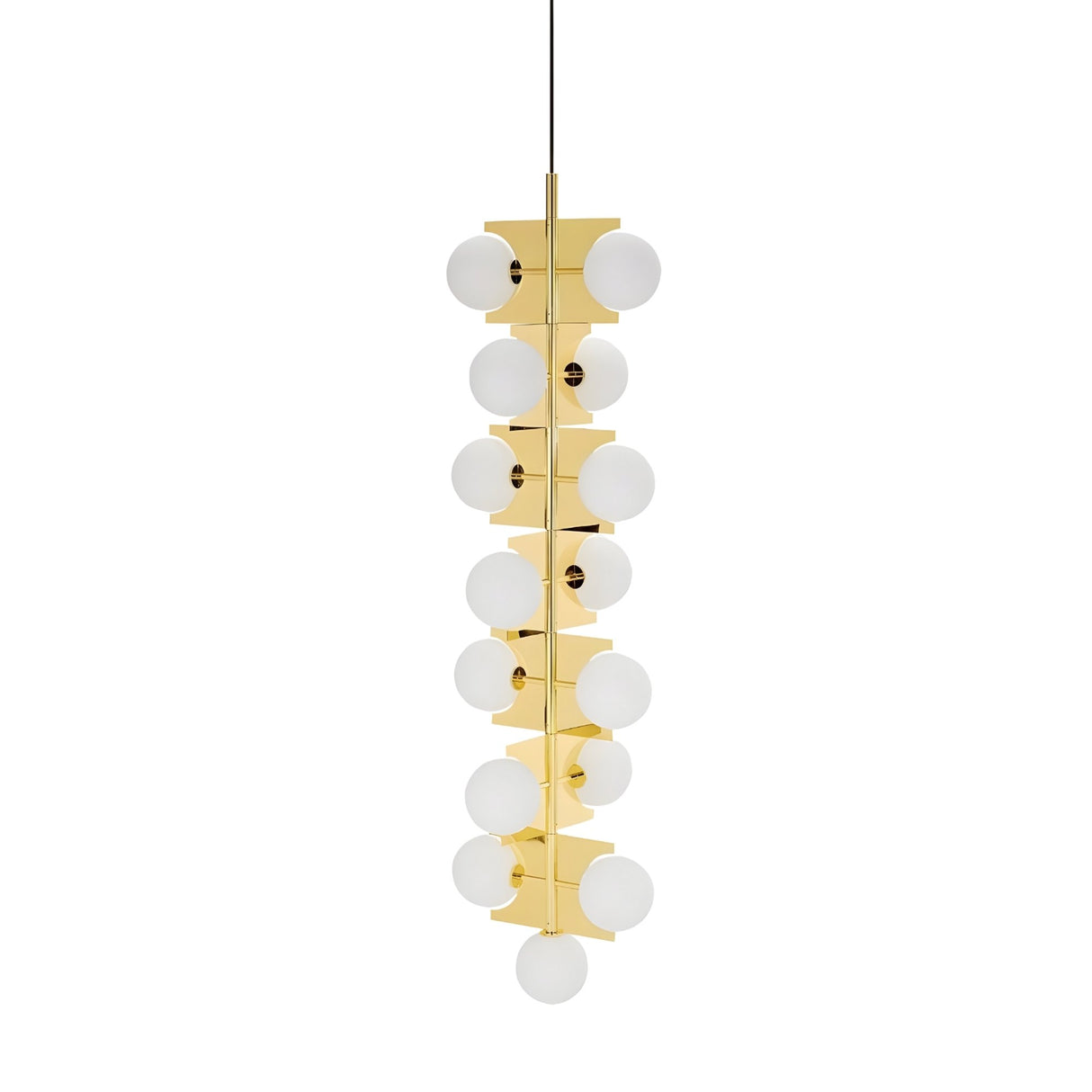 The Gatsby 15 Light Drop Suspension - Gold features a vertical gold metal frame with multiple round frosted white glass globes, symmetrically arranged and suspended by a sleek black cord.
